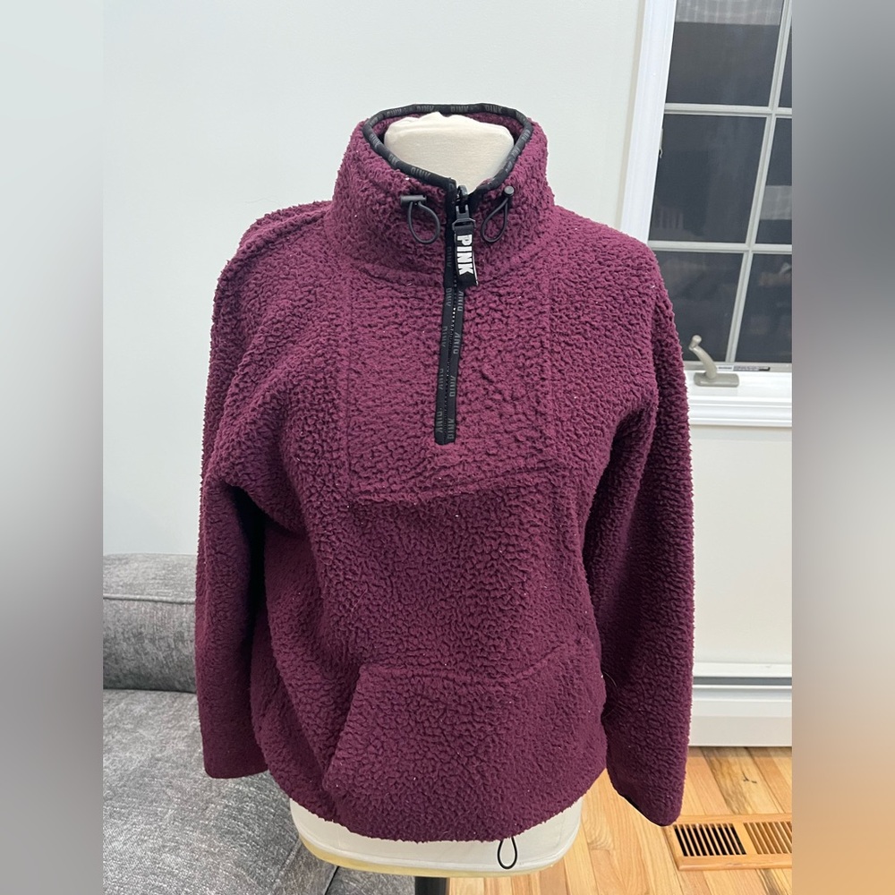 VICTORIA'S SECRET‎ PINK Sherpa Fleece Quarter Zip Pullover Black Trim Ruby Plum